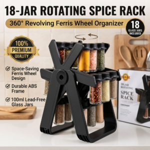 18 jar rotating spice rack with glass jars and Ferris wheel frame