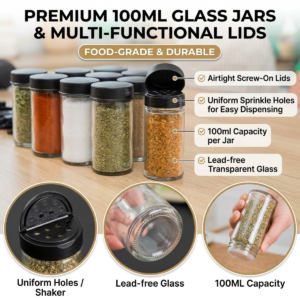 100 ml glass spice jars with shaker inserts and screw-on lids
