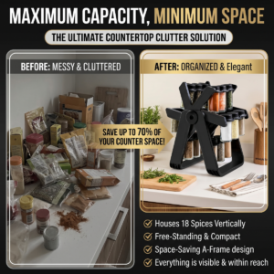 Vertical 18 jar spice organizer saving kitchen counter space
