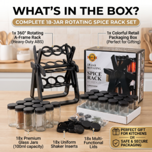 Complete 18 jar rotating spice rack set with lids and inserts