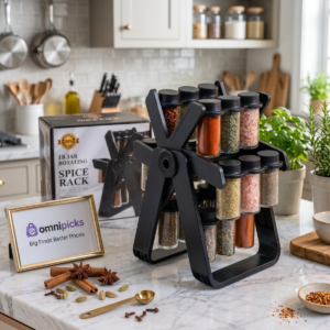 18 jar rotating spice rack displayed in a Pakistani kitchen
