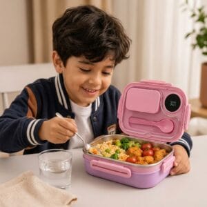 Child using an open stainless steel lunch box with built-in spoon compartment