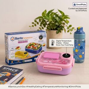 Portable digital temperature lunch box displayed with packaging and school supplies