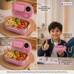 Digital temperature lunch box showing food-grade steel interior and portable leak-resistant design