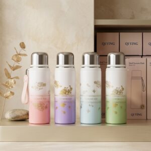 Stainless steel water bottle range with floral design and steel vacuum flask boxes