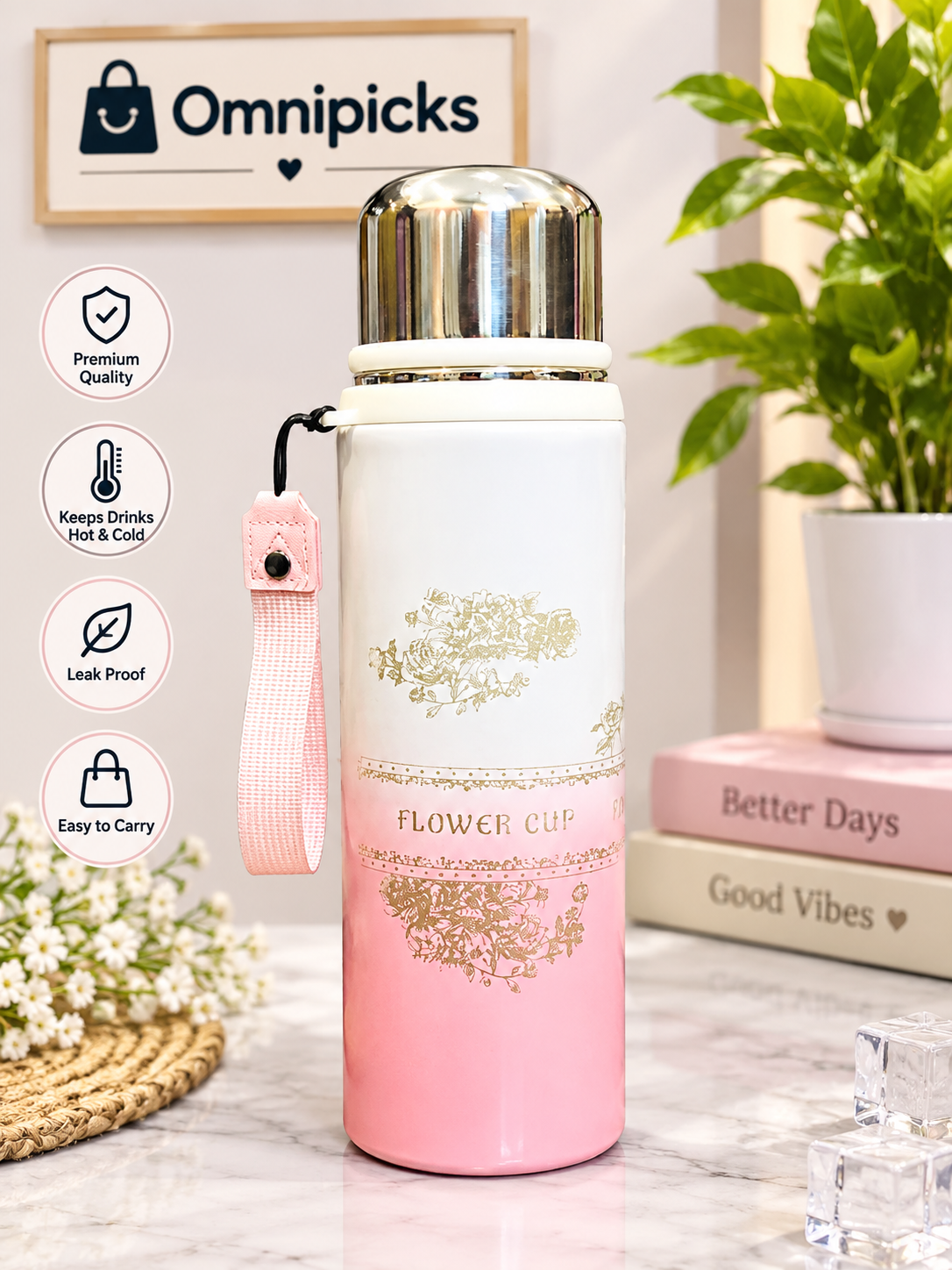 Stainless steel water bottle in Pakistan with 800ml vacuum flask and carry strap