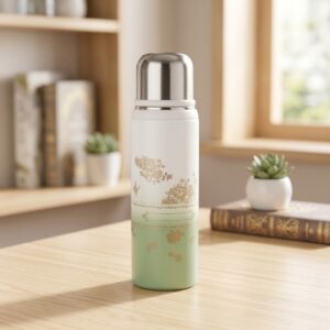Stainless steel water bottle with covered cap displayed on a table