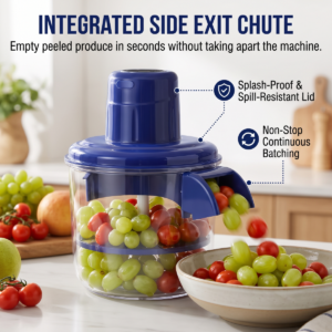 Electric fruit peeler with integrated side exit chute