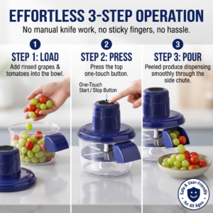 Three-step one-touch electric fruit and garlic peeler operation