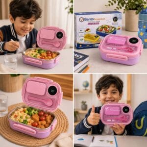 Stainless steel lunch box collage showing school use, packaging and open food container