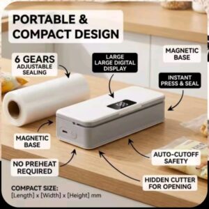 Mini bag sealer with six sealing levels, digital display and magnetic base