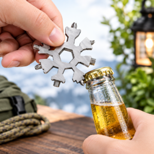 Snowflake multi-tool using the bottle opener outdoors