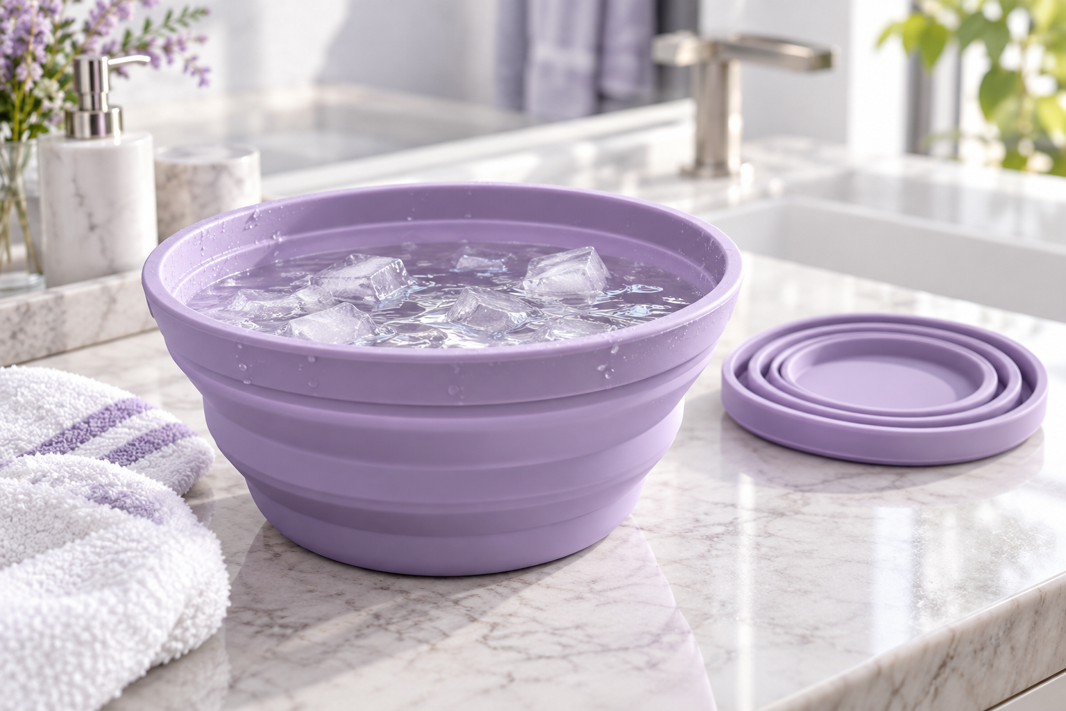 Foldable Silicone Ice Face Bowl: Cooling Skincare Guide 1 Foldable silicone ice face bowl with cool water and ice for skincare